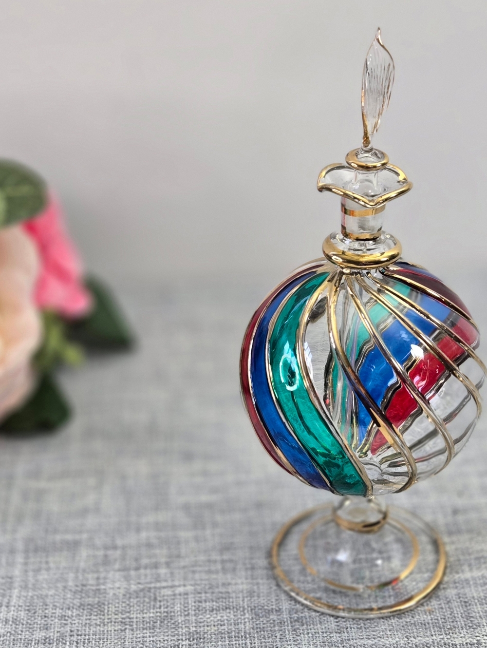 Vintage Handblown Egyptian?Multicolored Glass Perfume Bottle Gold Accents
